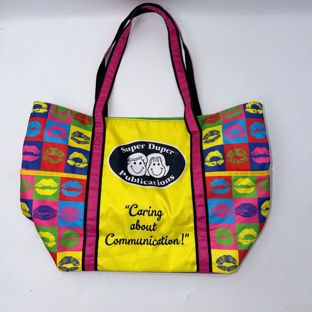 Super Duper Publications Large Pop Art Lip Print Tote Bag Retro Neon Maximalist